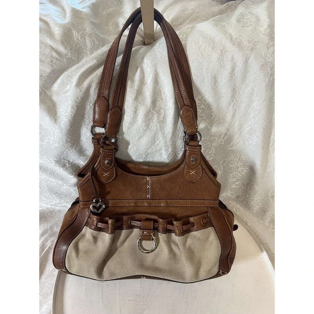 Brighton Leather Canvas Shoulder Bag Tan Brown Tote Purse Silver Heart Charm